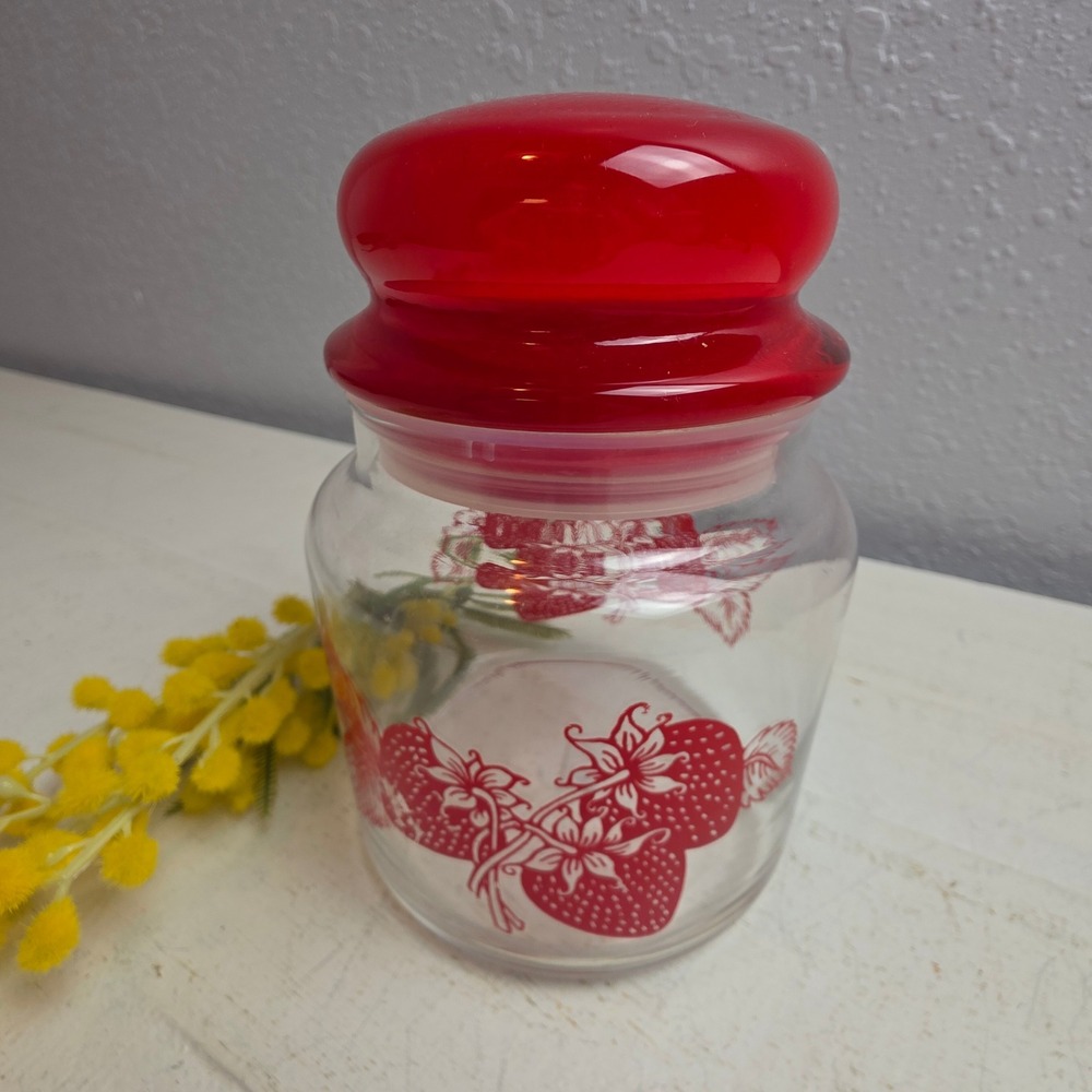 Vintage MCM Red Strawberry Glass Canister Jar with Red Bubble Lid & Seal